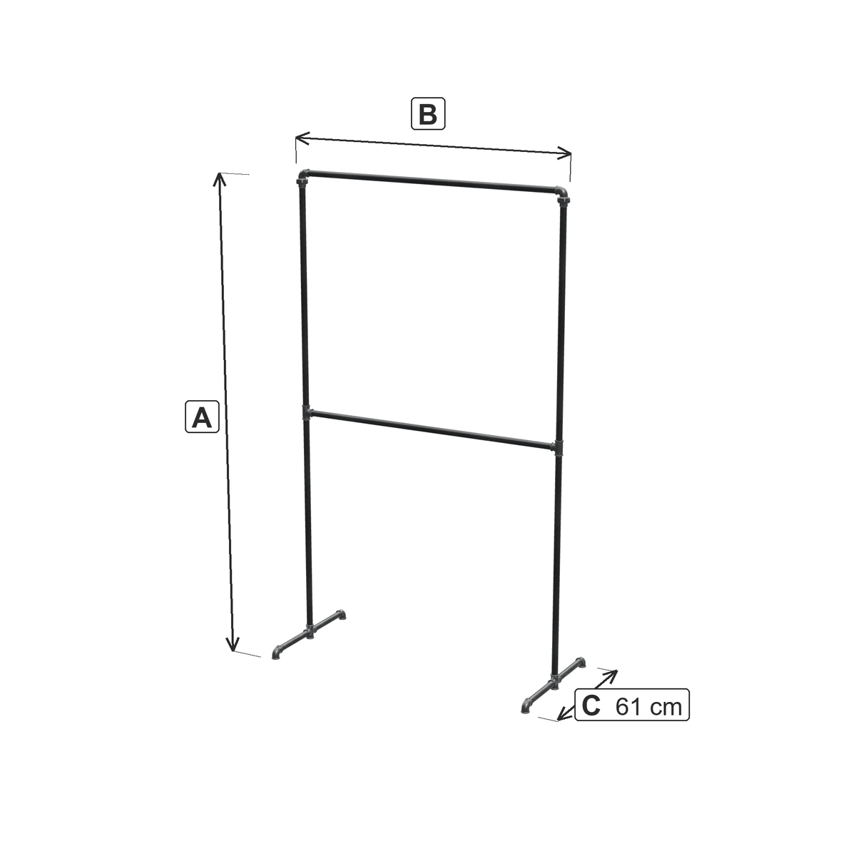 Portant autoportant double niveau : cotes hors tout, hauteur et largeur selon la variante, profondeur fixe 61 cm