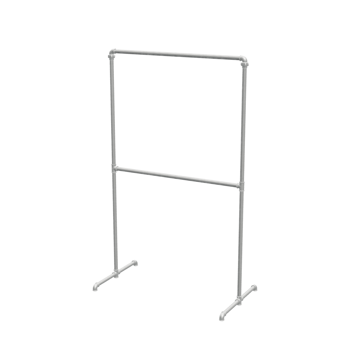 Portant à vêtements autoportant double niveau en tuyaux de plomberie galvanisés Ø 27 mm — largeur 108 cm, hauteur 176 cm, vue de trois quarts sur fond blanc