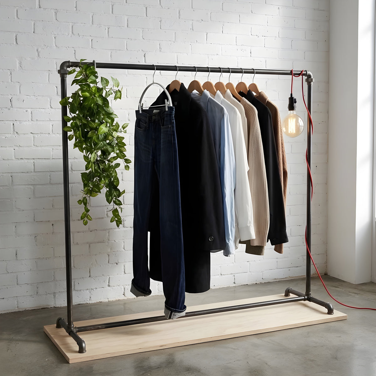 Industrial clothes rack made of black plumbing pipes in a shop with a white brick wall, with a hanging plant and a light bulb