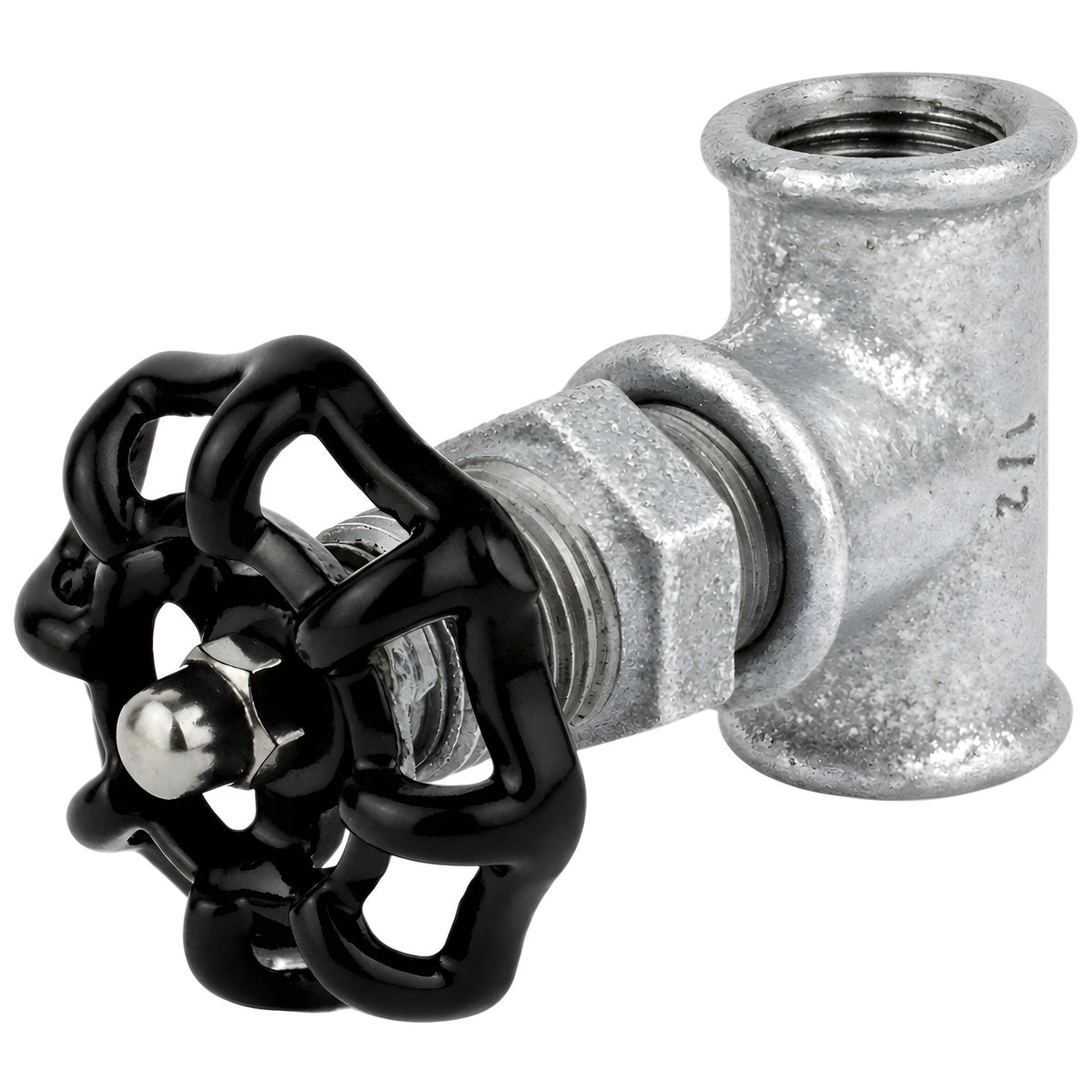 1/2'' valve-style fitting with black 52 mm handwheel, stainless steel nut, galvanized cast iron fitting