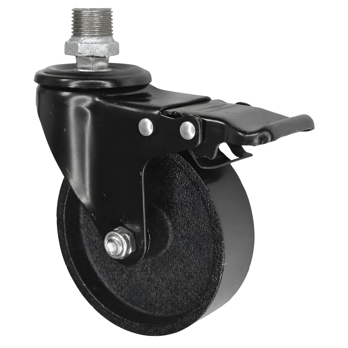 Black industrial swivel caster with brake and 100 mm cast iron wheel, 1/2'' (15x21mm) male thread, galvanized cast iron fitting