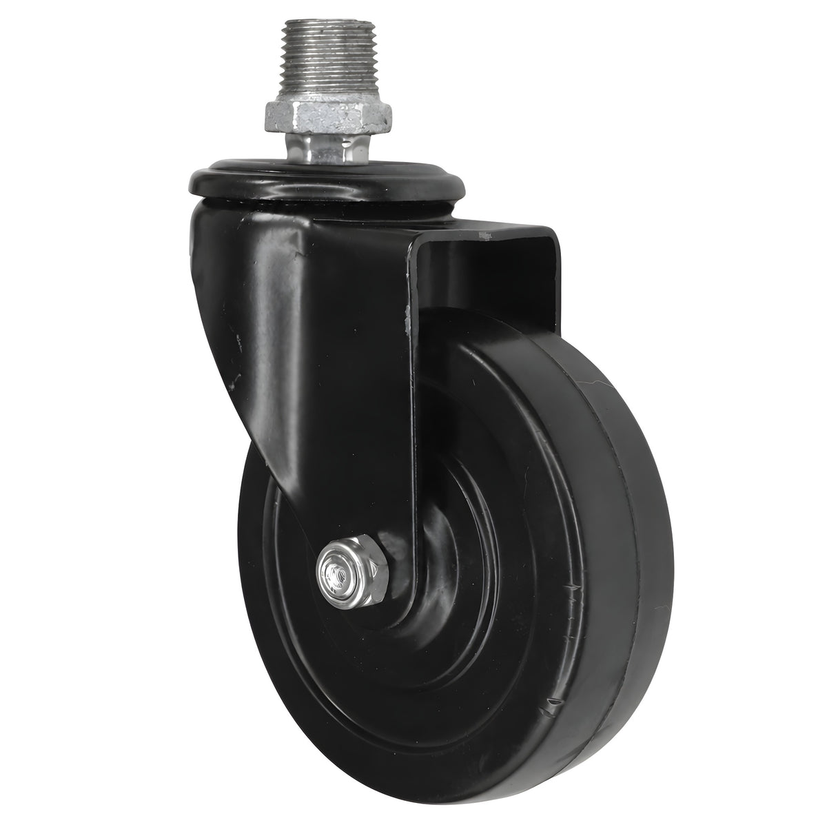 Black industrial swivel caster with 100 mm rubber wheel, 1/2'' (15x21mm) male thread, galvanized cast iron fitting