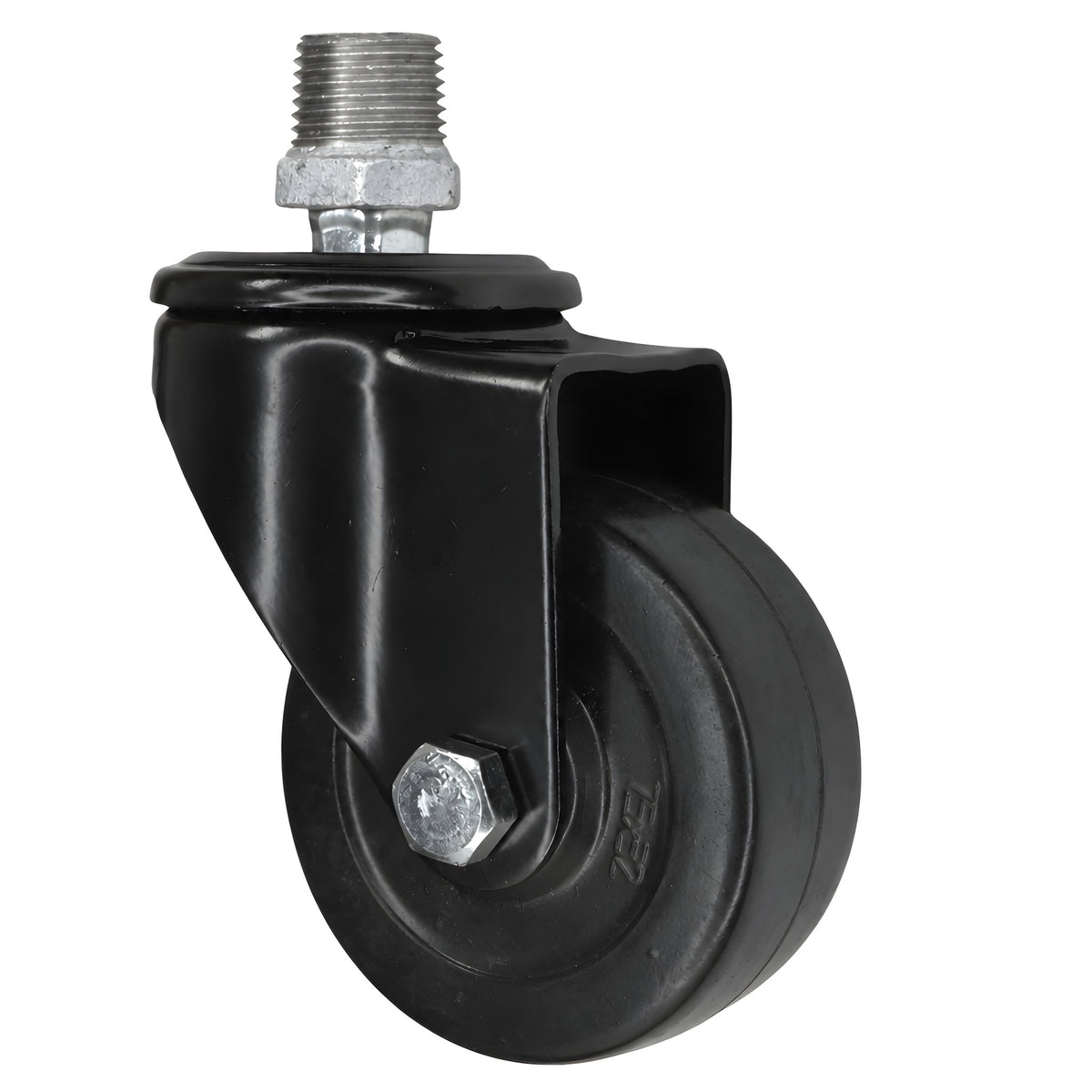Black industrial swivel caster with 75 mm rubber wheel, male thread, galvanized cast iron fitting
