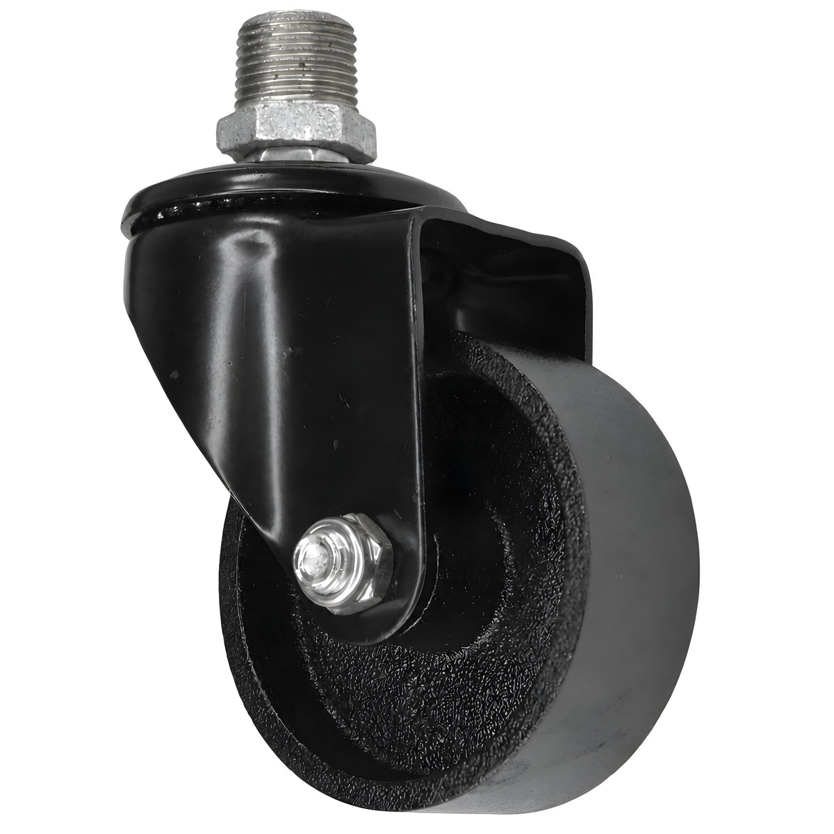 Black industrial swivel caster with 75 mm cast iron wheel, male thread, galvanized cast iron fitting