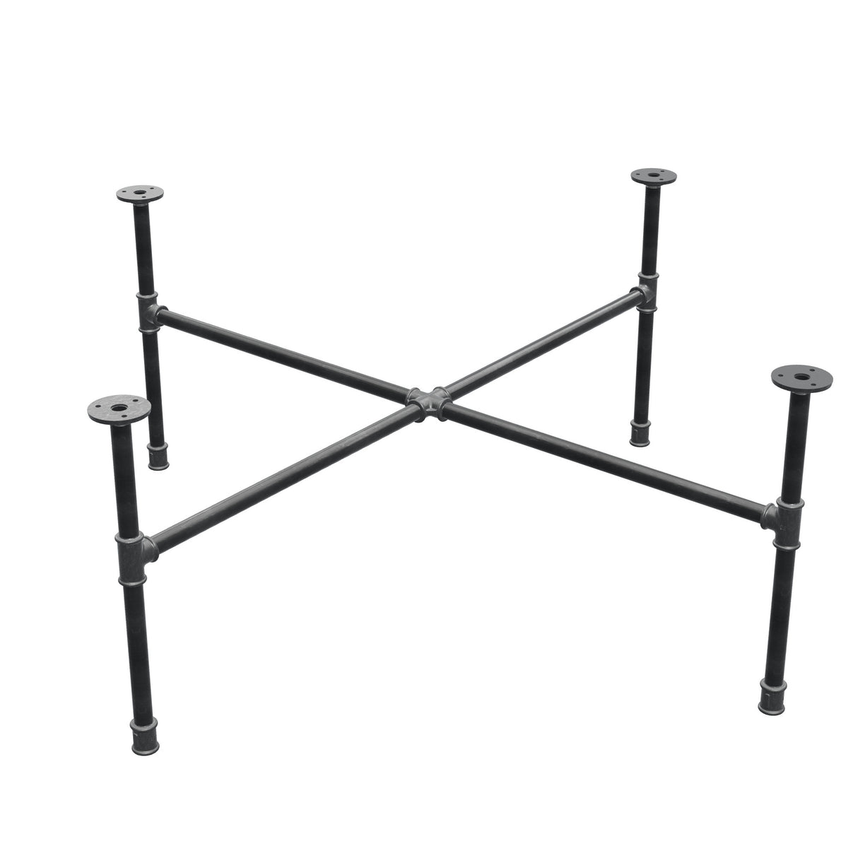 Industrial cast iron coffee table base, cross legs, 108 × 108 cm, 42 cm high, three-quarter view
