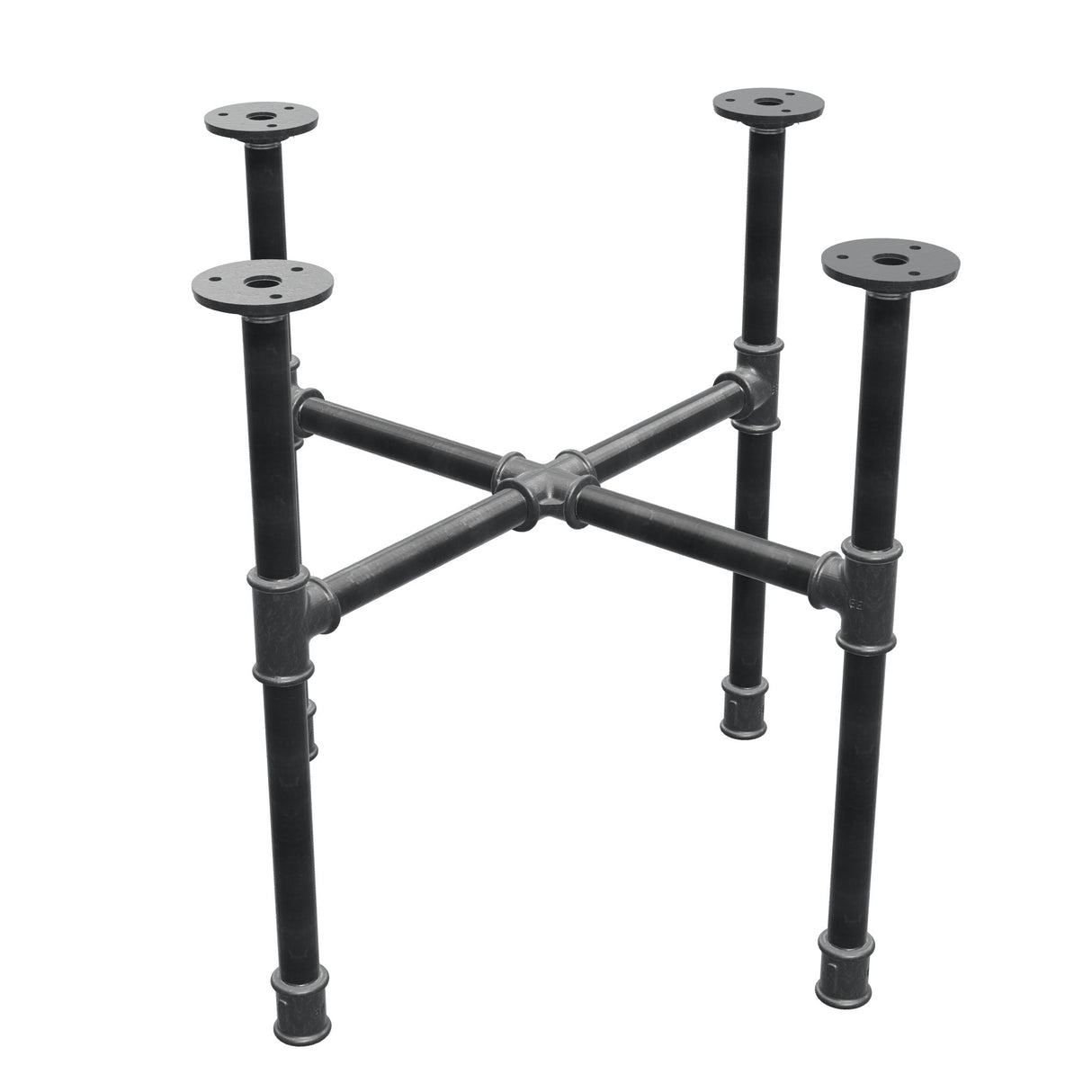 Industrial cast iron coffee table base, cross legs, 48 × 48 cm, 42 cm high, three-quarter view