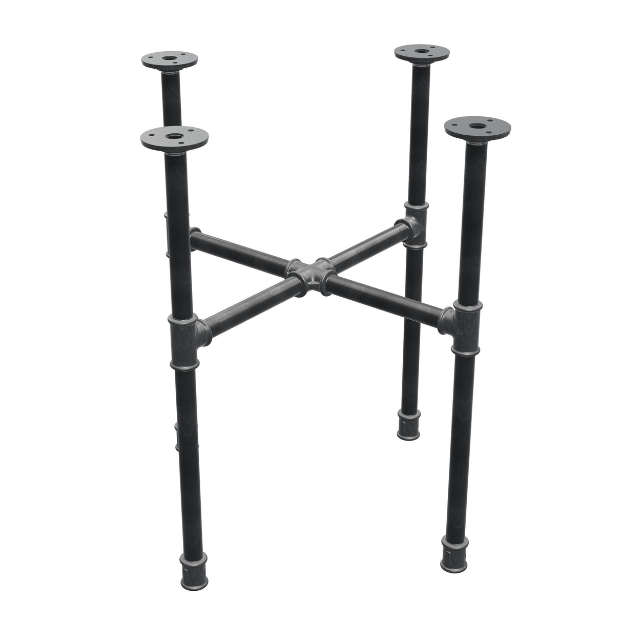 Industrial cast iron coffee table base, cross legs, 48 × 48 cm, 52 cm high, three-quarter view