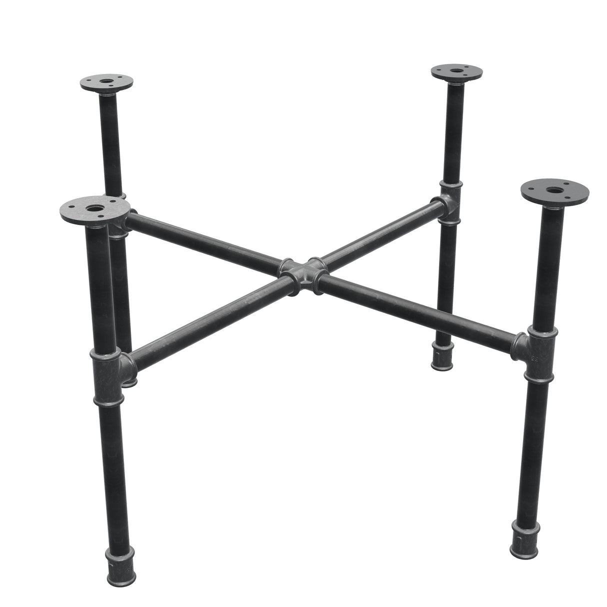 Industrial cast iron coffee table base, cross legs, 68 × 68 cm, 42 cm high, three-quarter view