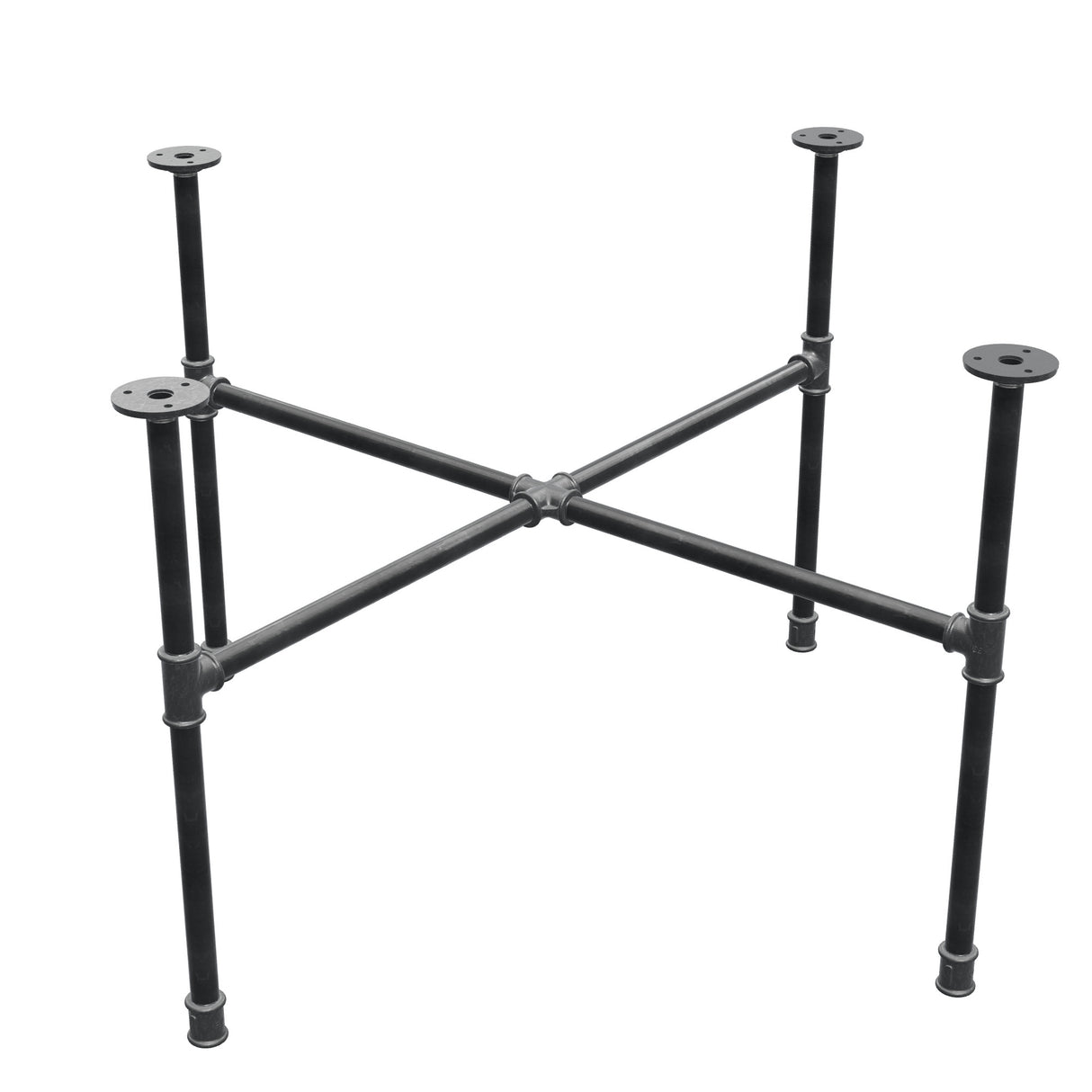 Industrial cast iron coffee table base, cross legs, 88 × 88 cm, 52 cm high, three-quarter view