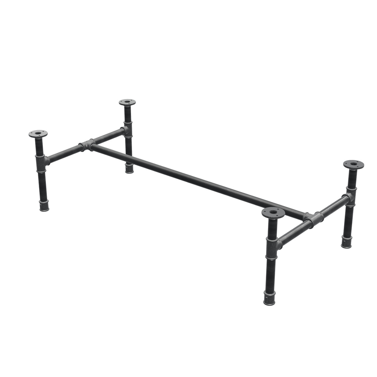 Industrial cast iron coffee table base, H-frame, 111 × 55 cm, 32 cm high, three-quarter view