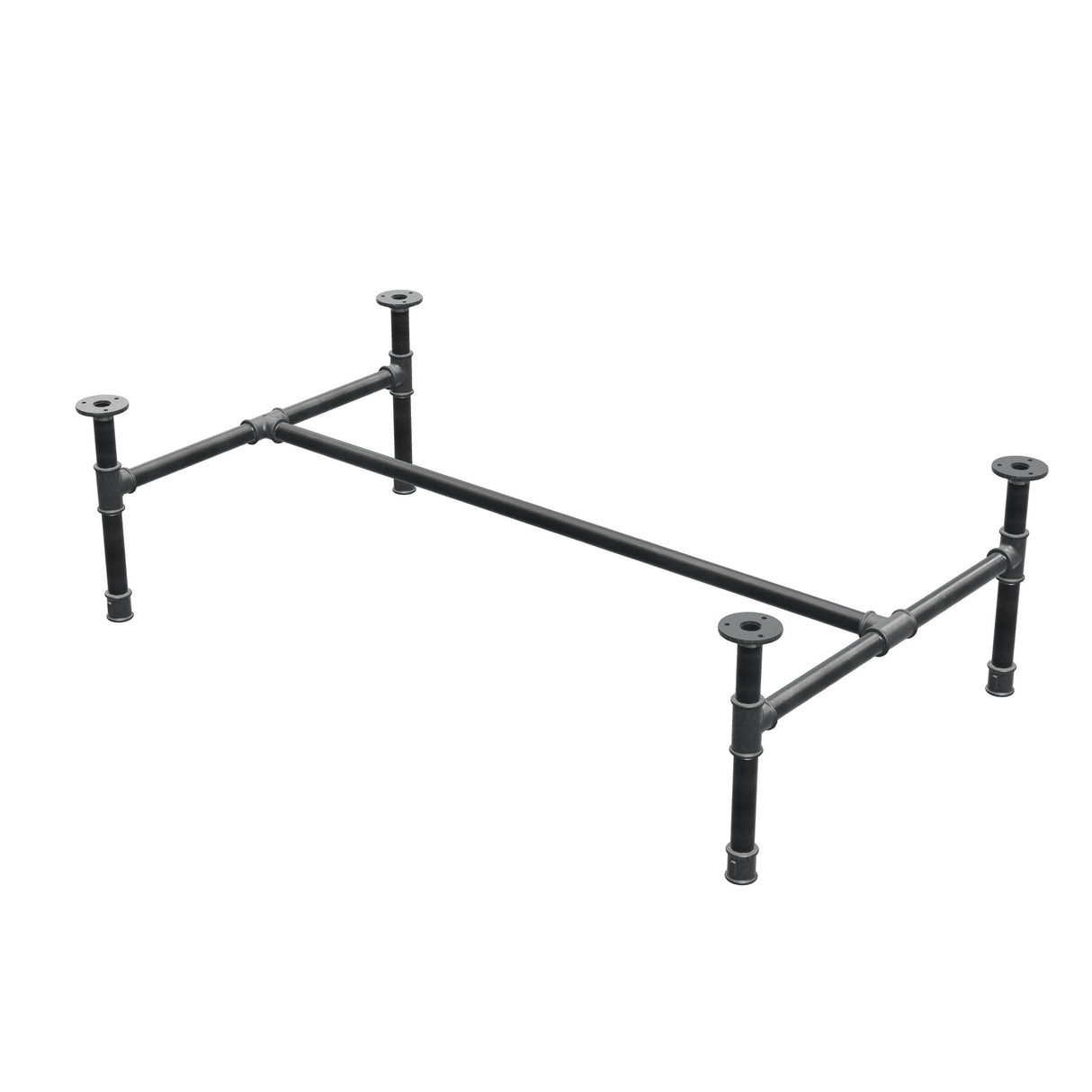 Industrial cast iron coffee table base, H-frame, 111 × 65 cm, 32 cm high, three-quarter view