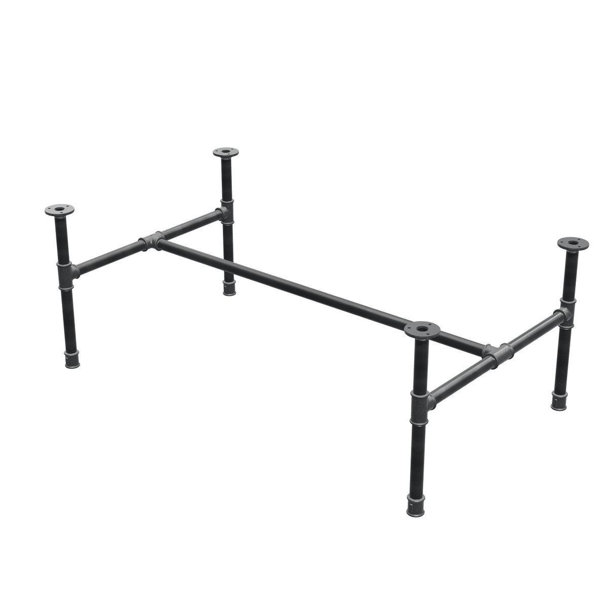 Industrial cast iron coffee table base, H-frame, 111 × 65 cm, 42 cm high, three-quarter view
