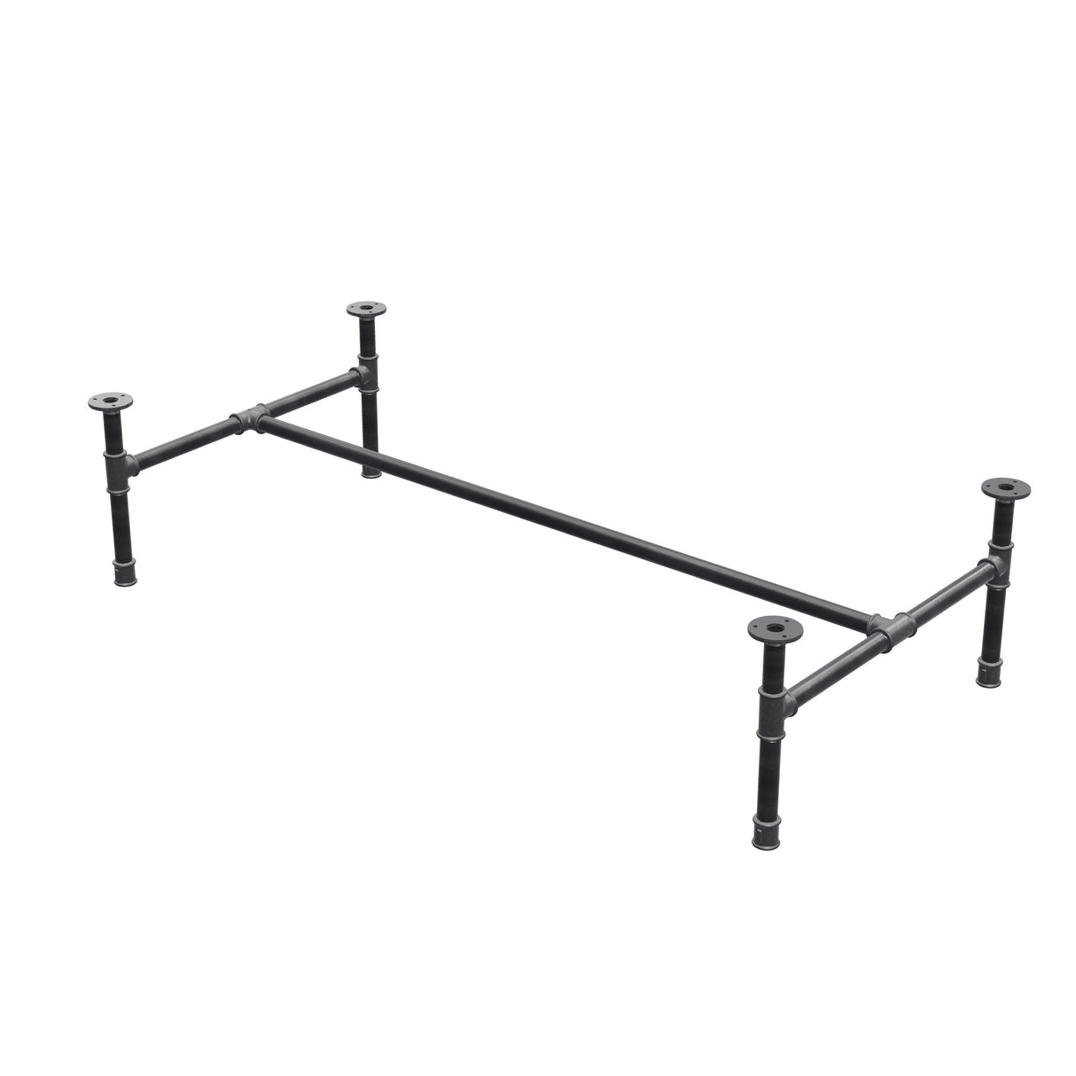 Industrial cast iron coffee table base, H-frame, 131 × 65 cm, 32 cm high, three-quarter view