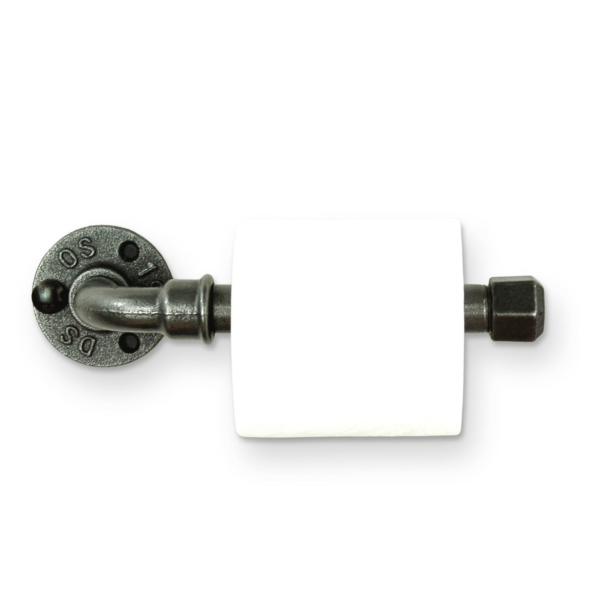 Industrial-style wall-mounted toilet paper holder, front view with a roll
