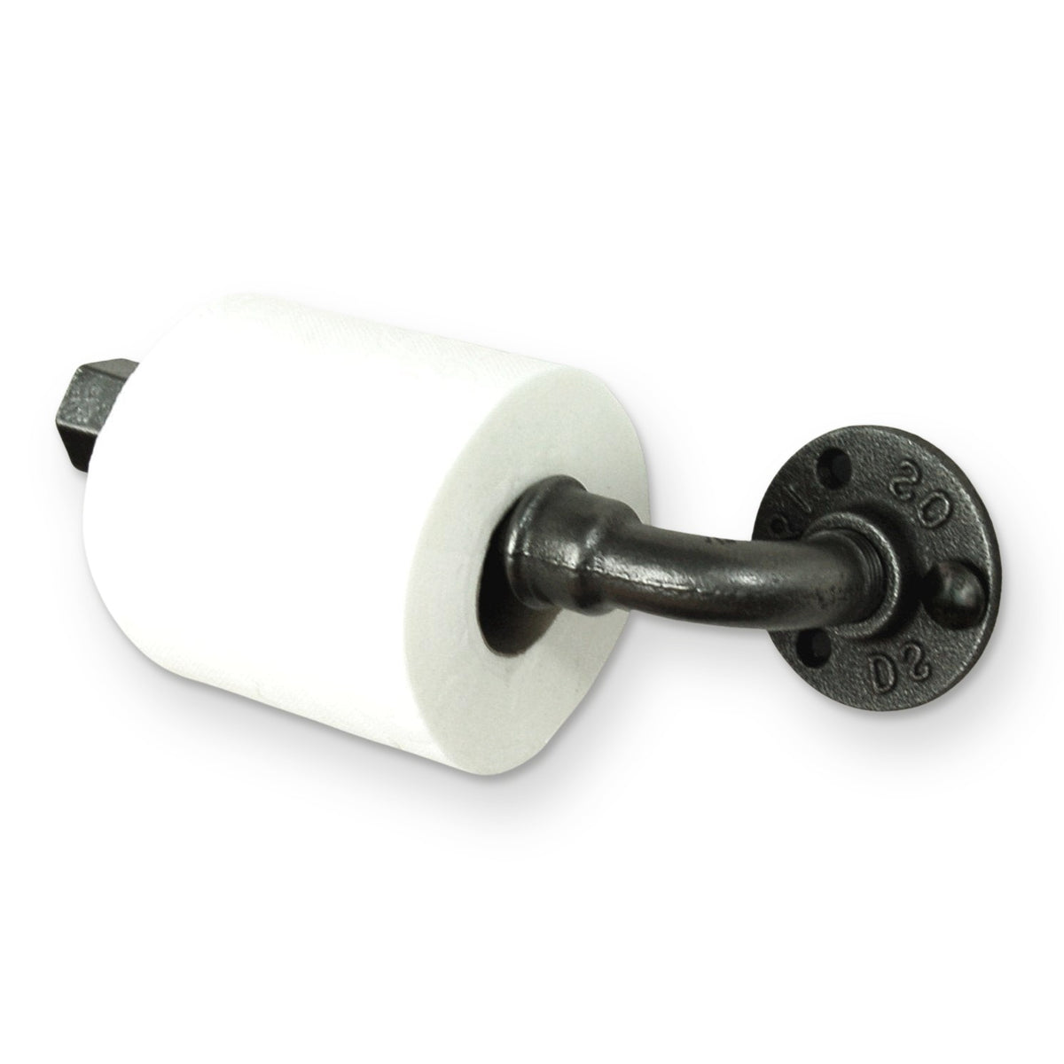 Toilet paper holder made from plumbing fittings, three-quarter view from the right, with a roll