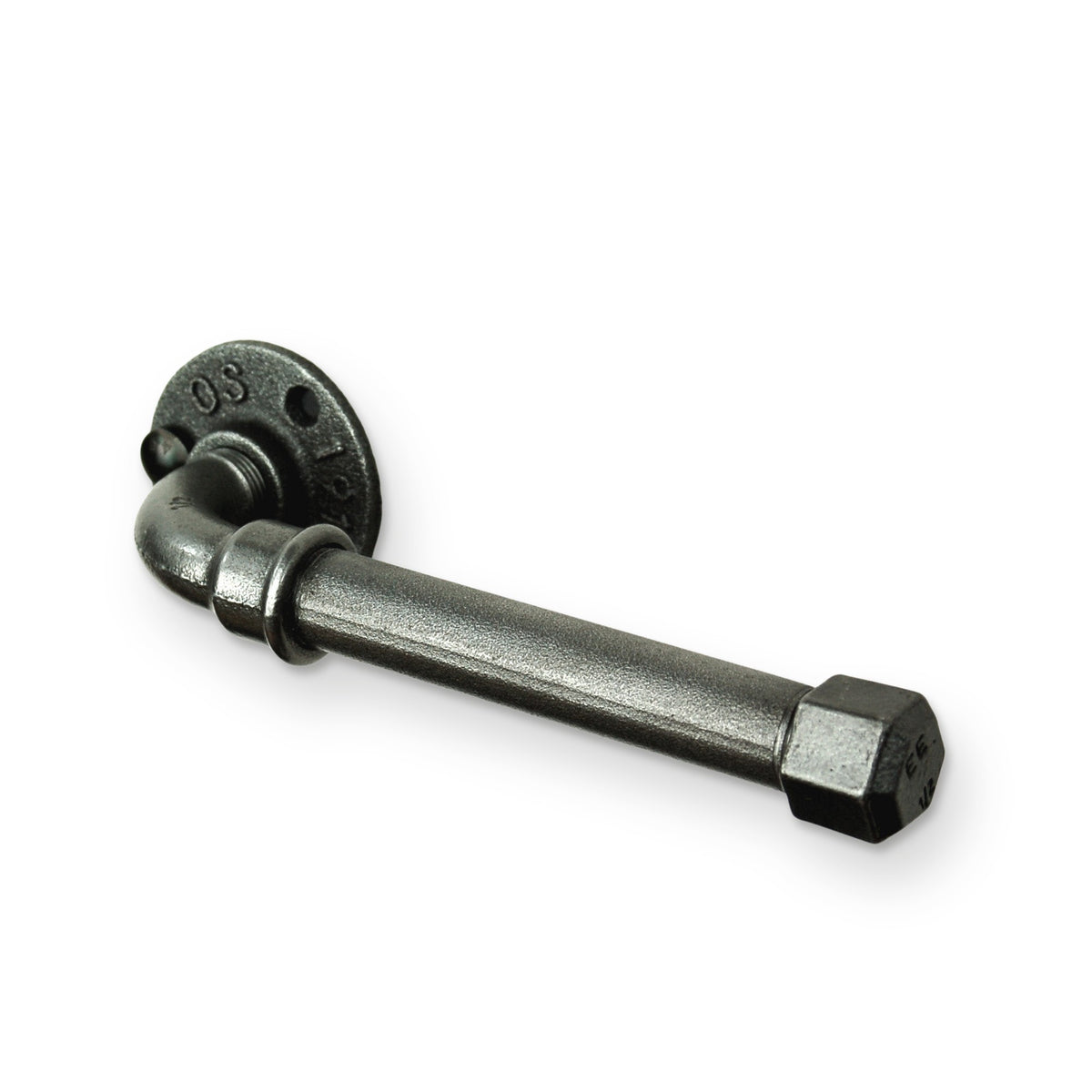 Close-up of the black cast-iron holder: 3-hole flange, elbow and cap