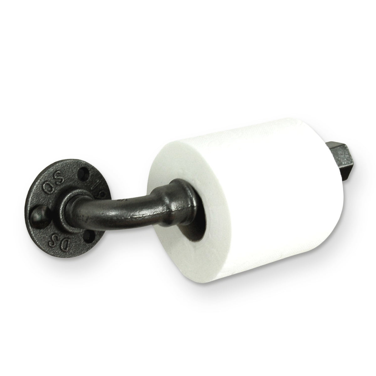 Black cast-iron and steel toilet paper holder with a roll, three-quarter view from the left