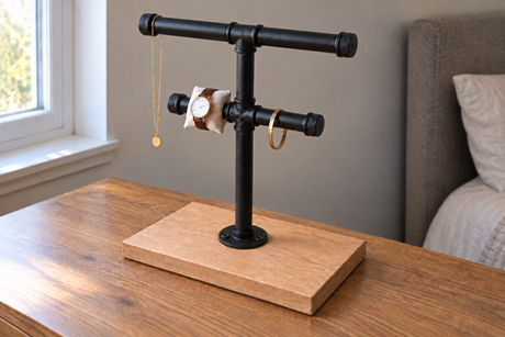 Illustration of a two-tier jewellery and watch stand made with black-painted pipe fittings on a wooden base