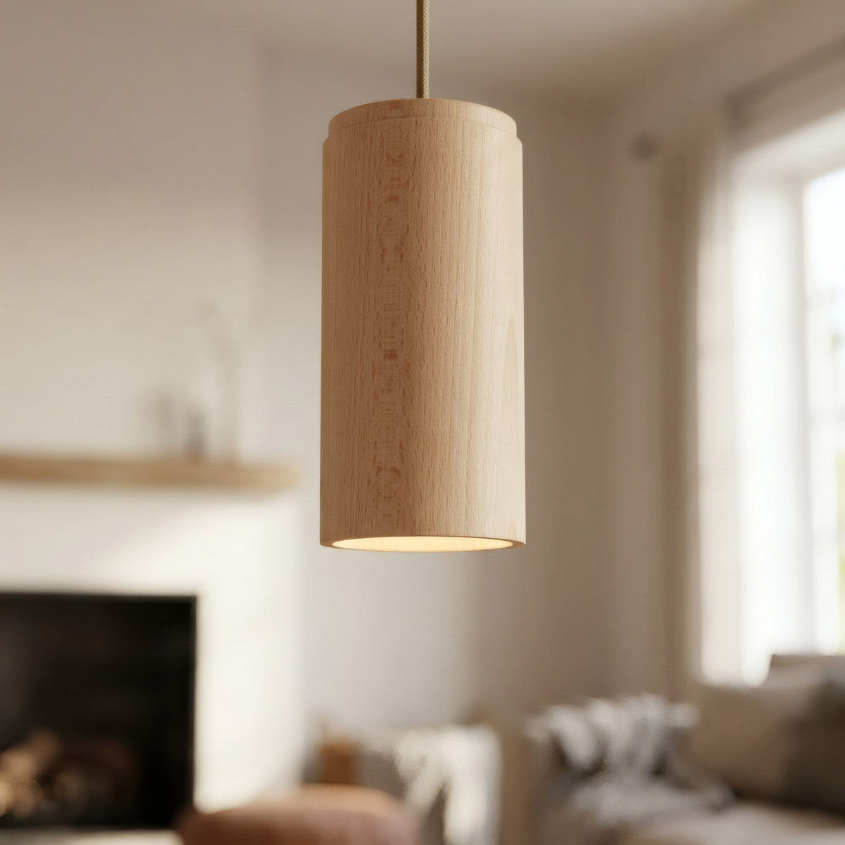 Cylindrical beech wood spotlight lampshade with E27 socket
