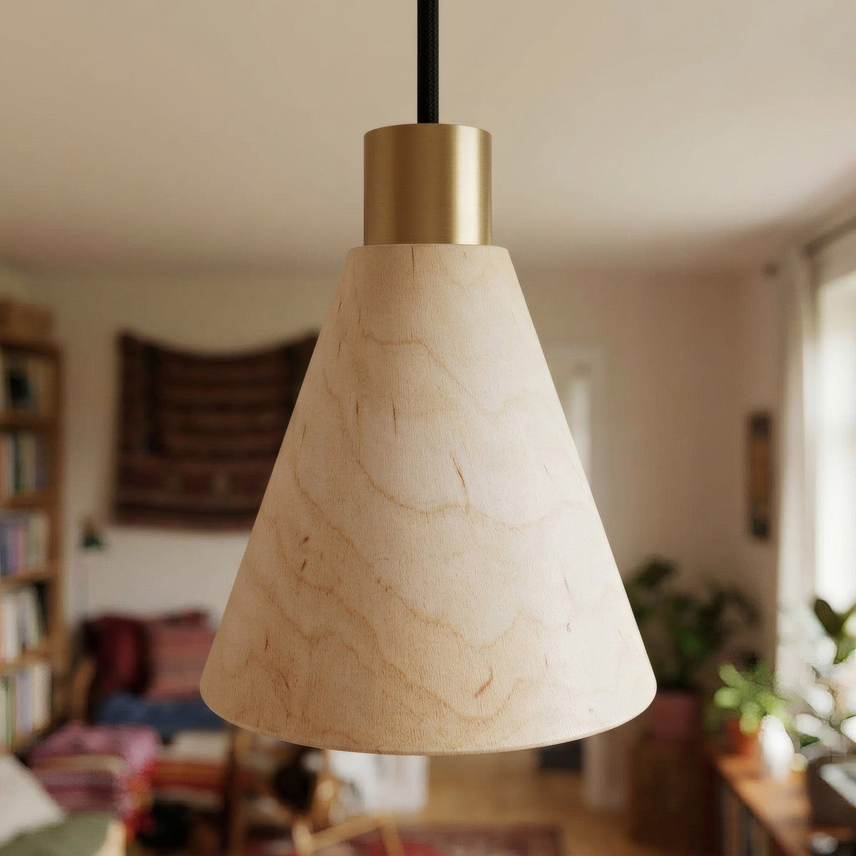 Conical natural wood lampshade for E27 socket