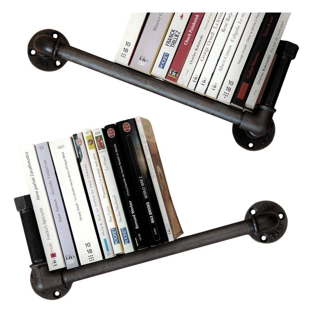 Two cast iron and steel wall bookshelves, retaining bar on the right and on the left, with paperbacks