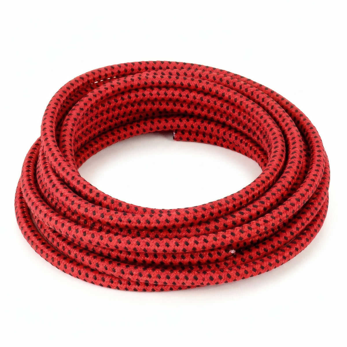 Red and black textile electrical cable - product photo on white background 8
