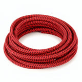 Red and black textile electrical cable - product photo on white background 8