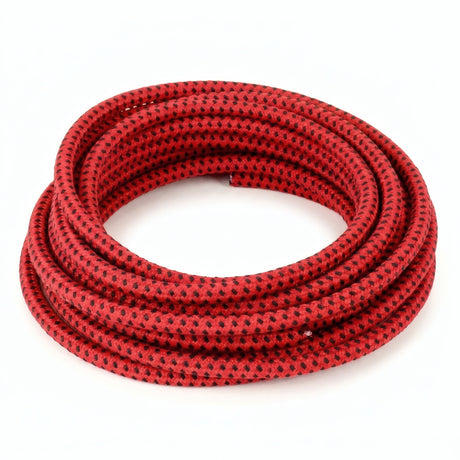 Red and black textile electrical cable - product photo on white background 8