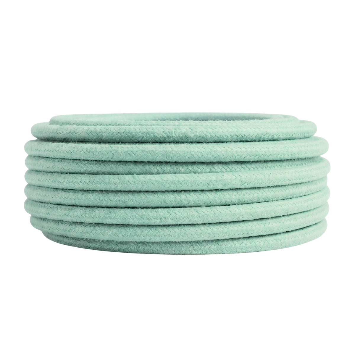 Round cotton fabric cable – Mint milk, side view of the coil