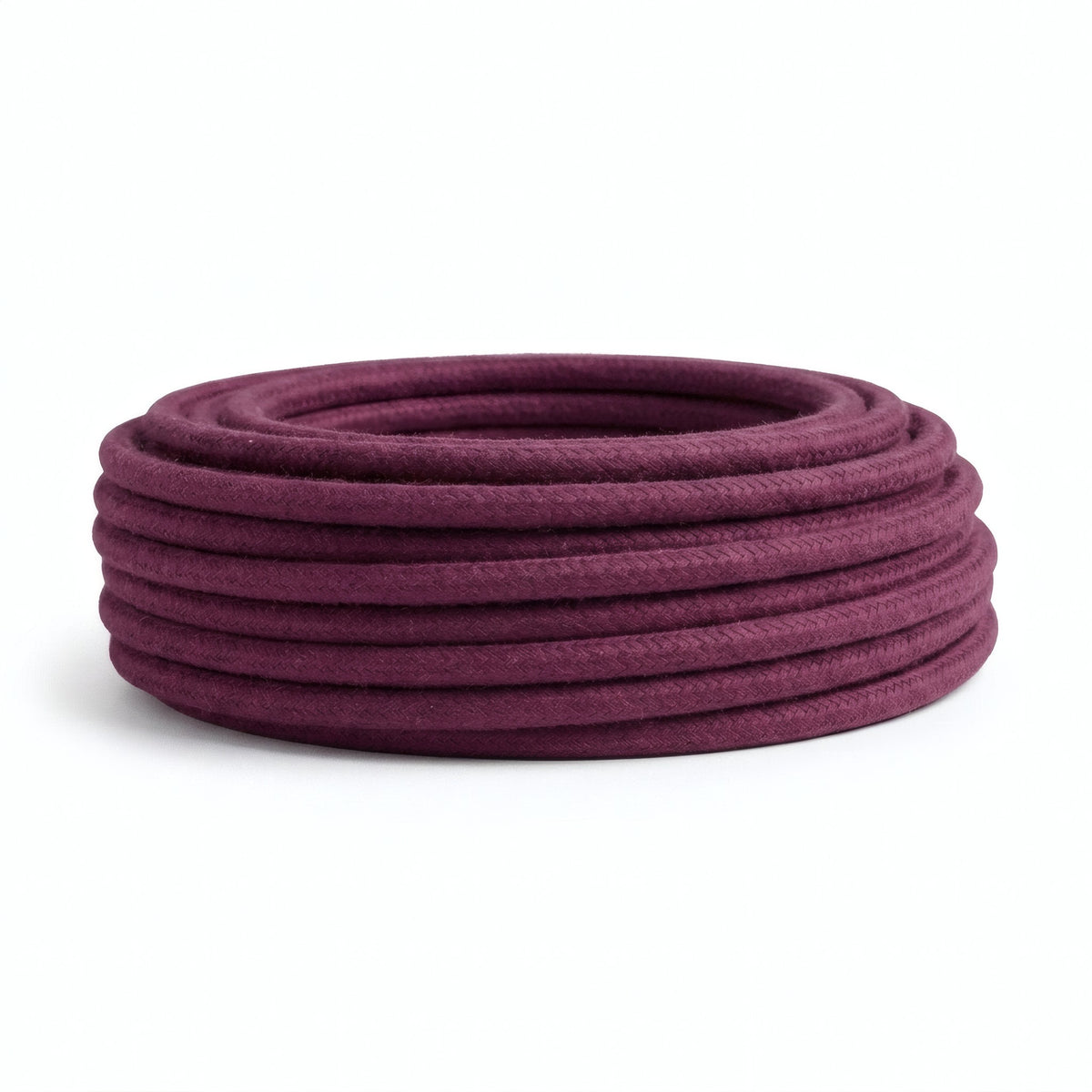 Round cotton fabric cable – Wine red, side view of the coil
