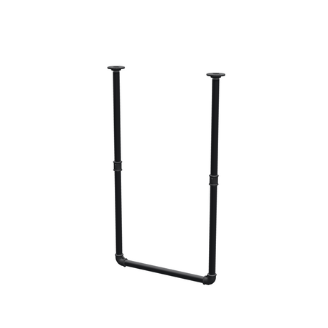Ceiling-hung clothes rail in matte black painted steel pipe, Ø 27 mm — width 46 cm, ceiling drop 83 cm, three-quarter view on a white background