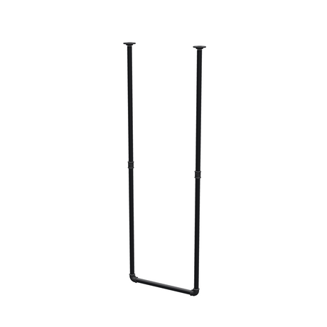 Ceiling-hung clothes rail in matte black painted steel pipe, Ø 27 mm — width 46 cm, ceiling drop 143 cm, three-quarter view on a white background
