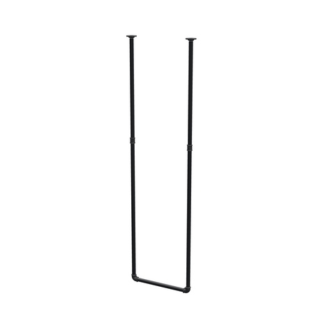 Ceiling-hung clothes rail in matte black painted steel pipe, Ø 27 mm — width 46 cm, ceiling drop 173 cm, three-quarter view on a white background