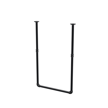 Ceiling-hung clothes rail in matte black painted steel pipe, Ø 27 mm — width 56 cm, ceiling drop 93 cm, three-quarter view on a white background