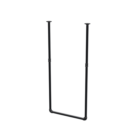 Ceiling-hung clothes rail in matte black painted steel pipe, Ø 27 mm — width 56 cm, ceiling drop 123 cm, three-quarter view on a white background