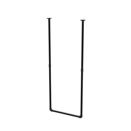 Ceiling-hung clothes rail in matte black painted steel pipe, Ø 27 mm — width 56 cm, ceiling drop 143 cm, three-quarter view on a white background