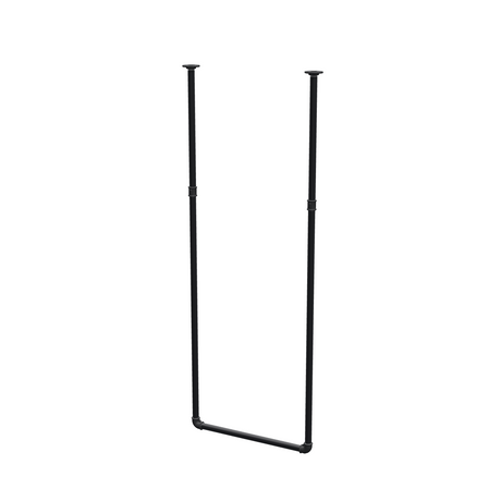 Ceiling-hung clothes rail in matte black painted steel pipe, Ø 27 mm — width 56 cm, ceiling drop 153 cm, three-quarter view on a white background