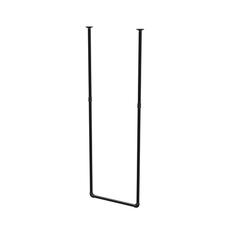 Ceiling-hung clothes rail in matte black painted steel pipe, Ø 27 mm — width 56 cm, ceiling drop 173 cm, three-quarter view on a white background