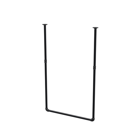 Ceiling-hung clothes rail in matte black painted steel pipe, Ø 27 mm — width 76 cm, ceiling drop 123 cm, three-quarter view on a white background