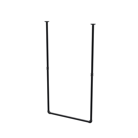 Ceiling-hung clothes rail in matte black painted steel pipe, Ø 27 mm — width 76 cm, ceiling drop 143 cm, three-quarter view on a white background