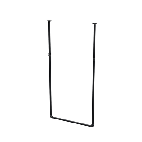 Ceiling-hung clothes rail in matte black painted steel pipe, Ø 27 mm — width 76 cm, ceiling drop 153 cm, three-quarter view on a white background