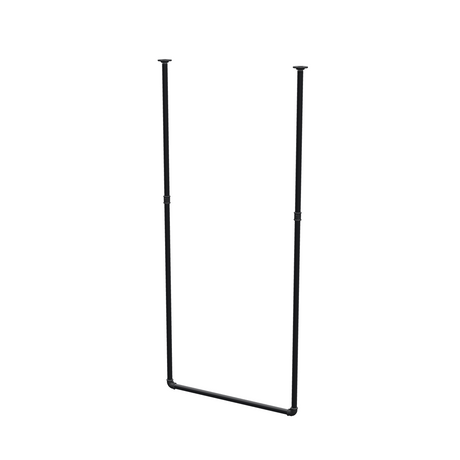 Ceiling-hung clothes rail in matte black painted steel pipe, Ø 27 mm — width 76 cm, ceiling drop 173 cm, three-quarter view on a white background