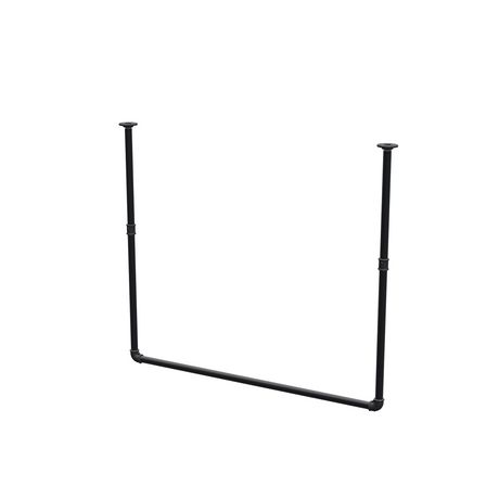Ceiling-hung clothes rail in matte black painted steel pipe, Ø 27 mm — width 106 cm, ceiling drop 93 cm, three-quarter view on a white background
