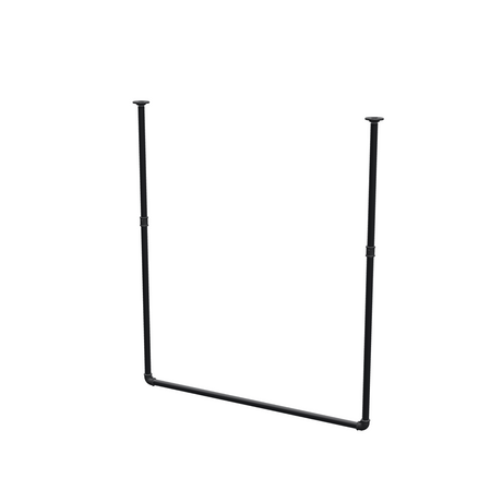 Ceiling-hung clothes rail in matte black painted steel pipe, Ø 27 mm — width 106 cm, ceiling drop 123 cm, three-quarter view on a white background