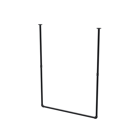 Ceiling-hung clothes rail in matte black painted steel pipe, Ø 27 mm — width 106 cm, ceiling drop 143 cm, three-quarter view on a white background