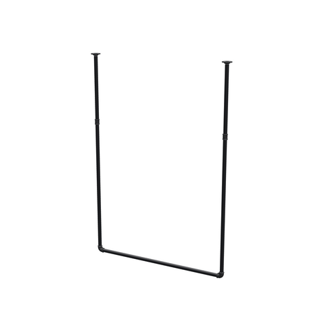 Ceiling-hung clothes rail in matte black painted steel pipe, Ø 27 mm — width 106 cm, ceiling drop 153 cm, three-quarter view on a white background