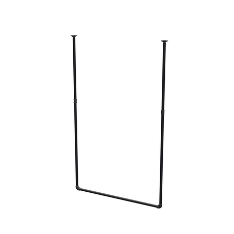 Ceiling-hung clothes rail in matte black painted steel pipe, Ø 27 mm — width 106 cm, ceiling drop 173 cm, three-quarter view on a white background