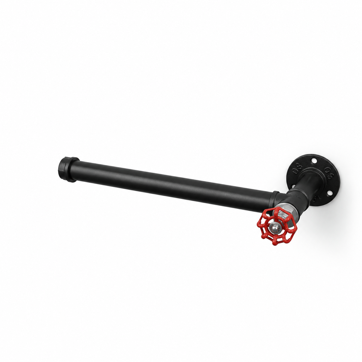 Black kitchen roll holder with red handwheel — three-quarter view