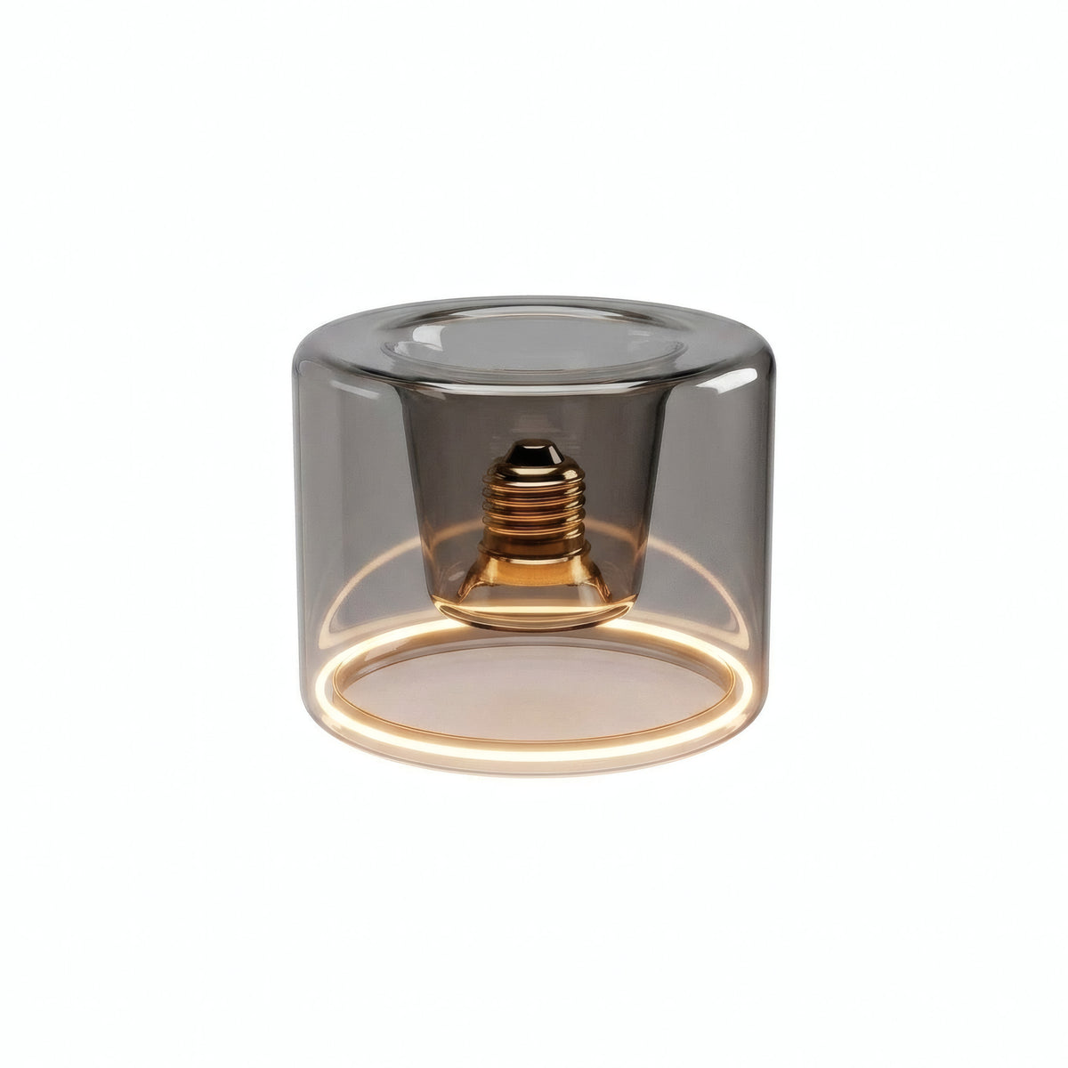 E27 LED donut bulb in smoked glass, Ø 120 mm, switched on, warm light ring, white background