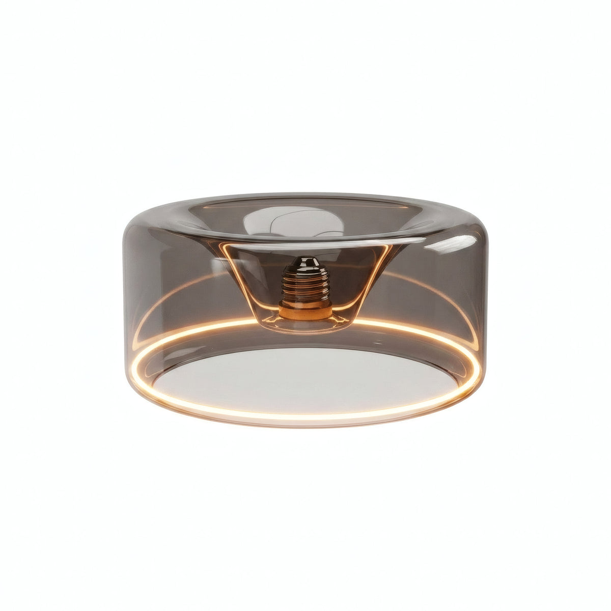 E27 LED donut bulb in smoked glass, Ø 195 mm, switched on, warm light ring, white background